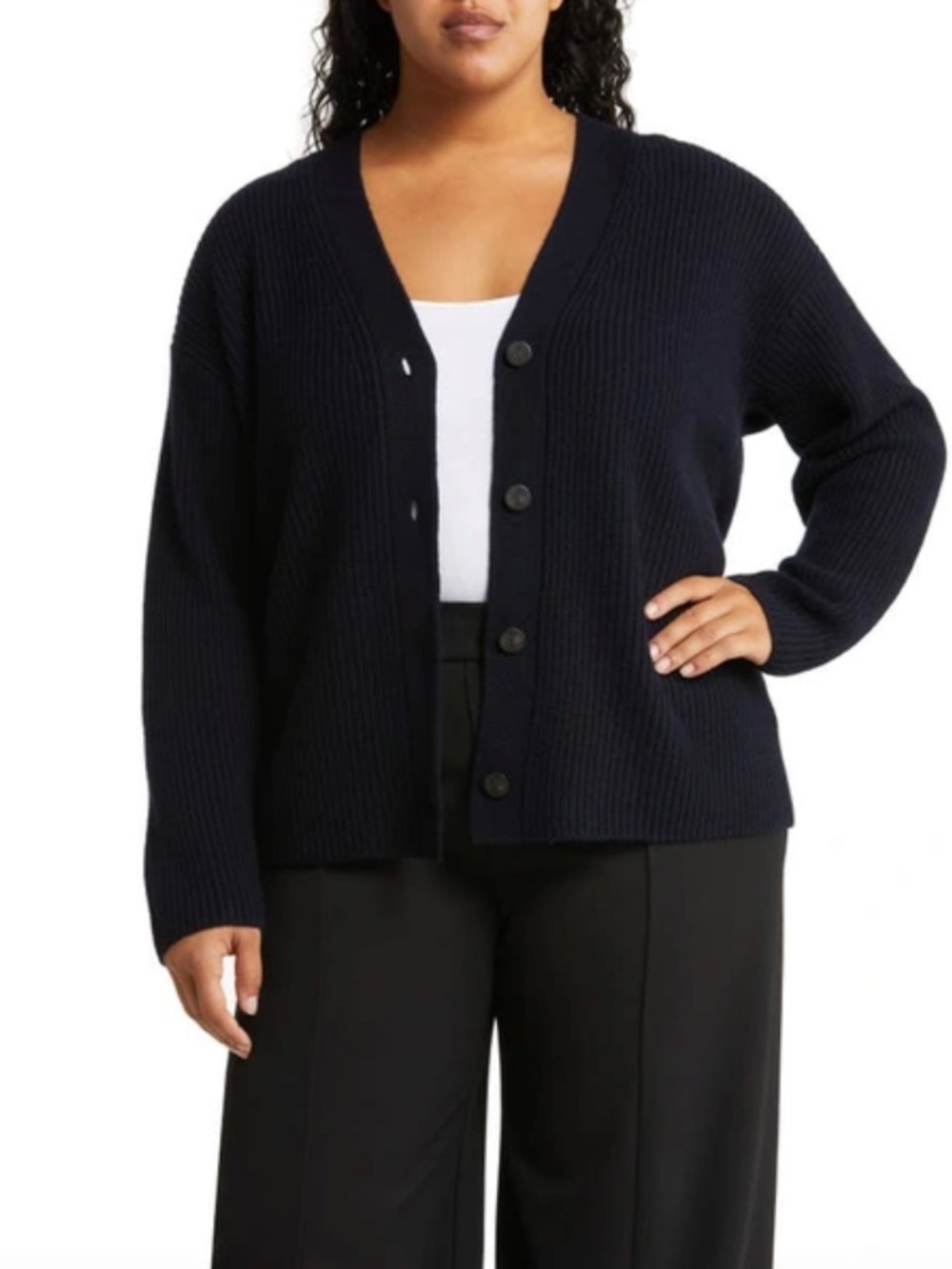 Vince Shaker Stitch V-neck Wool and Cashmere Cardigan in Navy